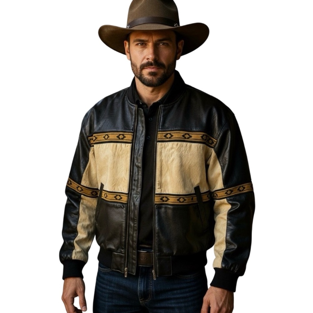 Scully Western Aztec Trim Black and Tan Leather Bomber Jacket XL